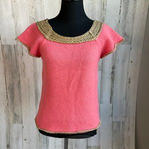 PAUL & JOE Size Medium (Size 2) Short Sleeve Sweater Coral & Gold